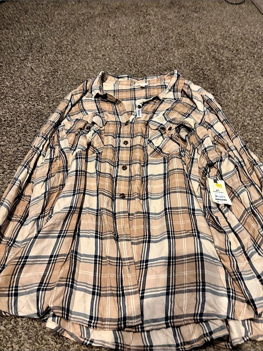 Terra & Sky Plaid Button Down Shirt in Brown & Cream Size 4X NWT